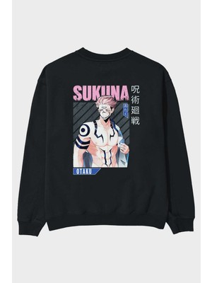 Ankhises Sukuna Ryoumen 1 Anime Arka Baskılı Siyah Oversize Sweatshirt Erkek Kadın Bisiklet Yaka