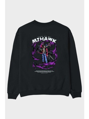 Ankhises Mihawk Anime Arka Baskılı Siyah Oversize Sweatshirt Erkek Kadın Bisiklet Yaka