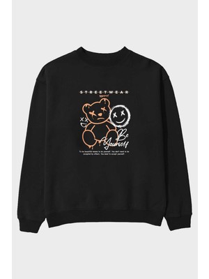 Ankhises Be Yourself Bear Ön Baskılı Siyah Oversize Sweatshirt Erkek Kadın Bisiklet Yaka