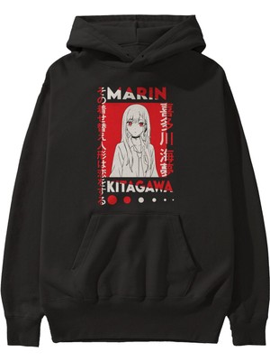 Ankhises Marın Kıtagawa Anime Ön Baskılı Siyah Hoodie Oversize Kapüşonlu Sweatshirt Erkek Kadın