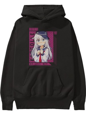 Ankhises Hibiki 4 Anime Ön Baskılı Siyah Hoodie Oversize Kapüşonlu Sweatshirt Erkek Kadın