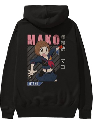 Ankhises Mako Mankanshoku 2 Anime Arka Baskılı Siyah Oversize Kapüşonlu Sweatshirt Erkek Kadın