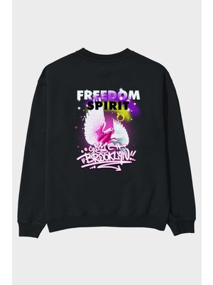Ankhises Freedom Spirit Brooklyn Arka Baskılı Siyah Oversize Sweatshirt Erkek Kadın Bisiklet Yaka