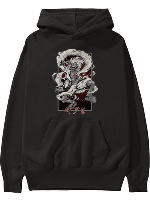 Ankhises Luffy Gear 5 Anime Ön Baskılı Siyah Hoodie Oversize Kapüşonlu Sweatshirt Erkek Kadın
