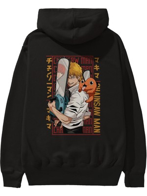 Ankhises Chainsaw Denjı Anime Arka Baskılı Siyah Oversize Kapüşonlu Sweatshirt Erkek Kadın