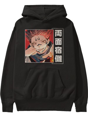 Ankhises Sukuna Ryoumen 4 Anime Ön Baskılı Siyah Hoodie Oversize Kapüşonlu Sweatshirt Erkek Kadın