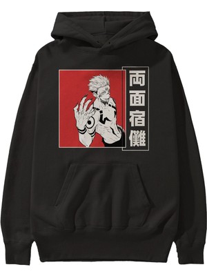 Ankhises Sukuna Ryoumen 2 Anime Ön Baskılı Siyah Hoodie Oversize Kapüşonlu Sweatshirt Erkek Kadın