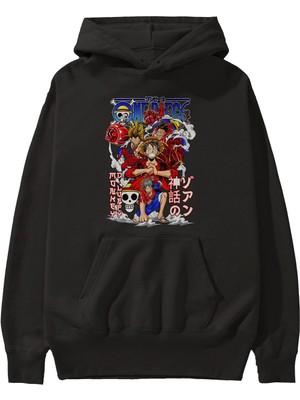 Ankhises Monkey D. Luff-One Pıece 2 Anime Ön Baskılı Siyah Hoodie Oversize Kapüşonlu Sweatshirt Erkek Kadın