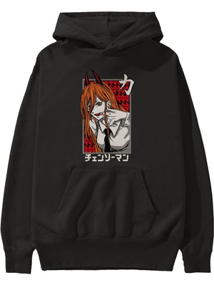 Ankhises Chaınsawman Power Anime Ön Baskılı Siyah Hoodie Oversize Kapüşonlu Sweatshirt Erkek Kadın
