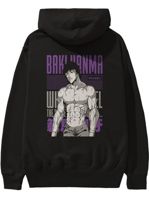 Ankhises Bakı Hanma (2) Anime Arka Baskılı Siyah Oversize Kapüşonlu Sweatshirt Erkek Kadın