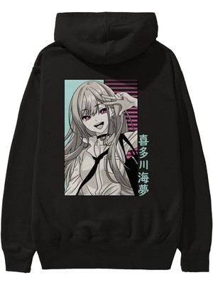 Ankhises Marin Kitagawa 1 Anime Arka Baskılı Siyah Oversize Kapüşonlu Sweatshirt Erkek Kadın