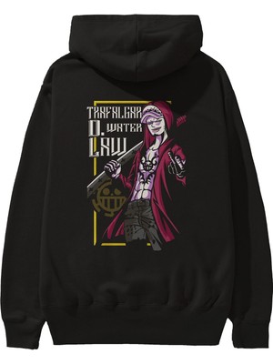 Ankhises Trafalgar D. Water Law Anime Arka Baskılı Siyah Oversize Kapüşonlu Sweatshirt Erkek Kadın