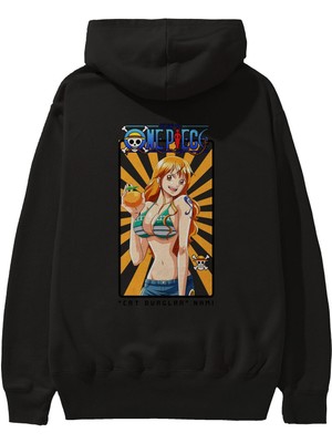 Ankhises Nami Anime Arka Baskılı Siyah Oversize Kapüşonlu Sweatshirt Erkek Kadın