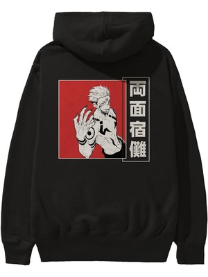 Ankhises Sukuna Ryoumen 2 Anime Arka Baskılı Siyah Oversize Kapüşonlu Sweatshirt Erkek Kadın