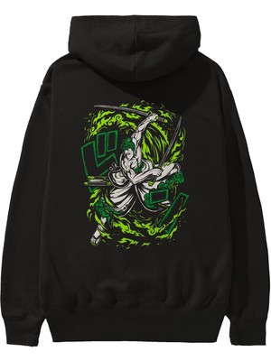Ankhises Zoro-One Pıece (2) Anime Arka Baskılı Siyah Oversize Kapüşonlu Sweatshirt Erkek Kadın