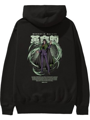 Ankhises Monkey D. Dragon Anime Arka Baskılı Siyah Oversize Kapüşonlu Sweatshirt Erkek Kadın