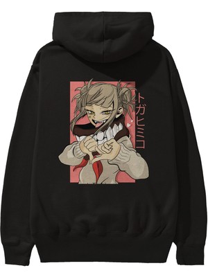 Ankhises Himiko Toga Anime Arka Baskılı Siyah Oversize Kapüşonlu Sweatshirt Erkek Kadın