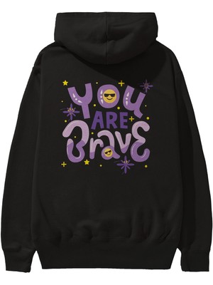 Ankhises You Are Brave Yazılı Arka Baskılı Siyah Oversize Kapüşonlu Sweatshirt Erkek Kadın