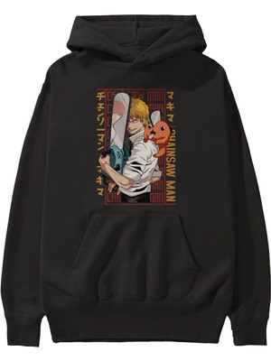 Ankhises Chainsaw Denjı Anime Ön Baskılı Siyah Hoodie Oversize Kapüşonlu Sweatshirt Erkek Kadın