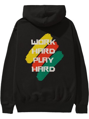 Ankhises Work Hard Play Hard 2 Arka Baskılı Siyah Oversize Kapüşonlu Sweatshirt Erkek Kadın