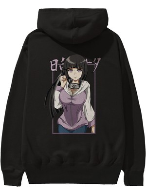 Ankhises Hinata Naruto Anime Arka Baskılı Siyah Oversize Kapüşonlu Sweatshirt Erkek Kadın
