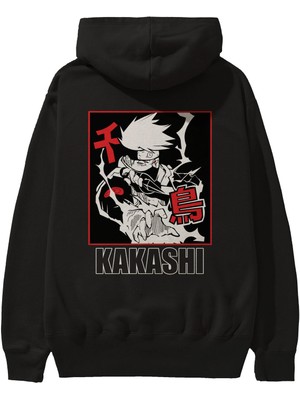 Ankhises Kakashı Hatake Naruto Anime Arka Baskılı Siyah Oversize Kapüşonlu Sweatshirt Erkek Kadın