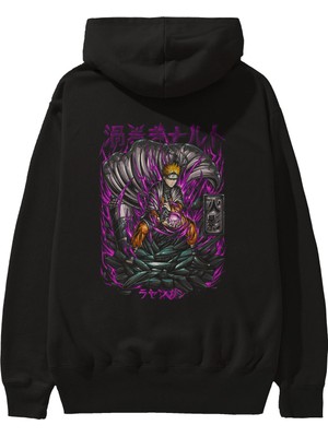 Ankhises Naruto Anime Arka Baskılı Siyah Oversize Kapüşonlu Sweatshirt Erkek Kadın