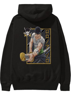Ankhises Roronoa Zoro Anime Arka Baskılı Siyah Oversize Kapüşonlu Sweatshirt Erkek Kadın