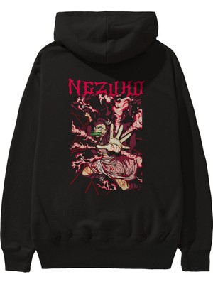Ankhises Nezuko Kamado Anime Arka Baskılı Siyah Oversize Kapüşonlu Sweatshirt Erkek Kadın