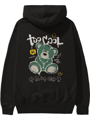Ankhises Too Cool Bear Arka Baskılı Siyah Oversize Kapüşonlu Sweatshirt Erkek Kadın