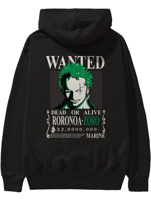 Ankhises Roronoa Zoro Anime Arka Baskılı Siyah Oversize Kapüşonlu Sweatshirt Erkek Kadın