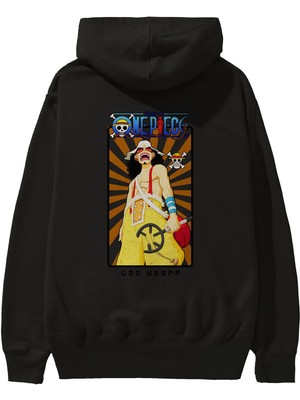 Ankhises Usopp Anime Arka Baskılı Siyah Oversize Kapüşonlu Sweatshirt Erkek Kadın