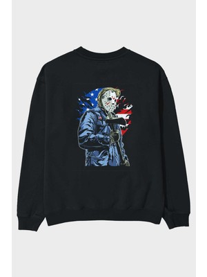 Ankhises American Killer Arka Baskılı Siyah Oversize Sweatshirt Erkek Kadın Bisiklet Yaka