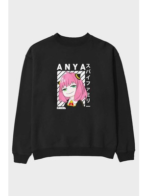 Ankhises Anya Spyx Famıly Anime Ön Baskılı Siyah Oversize Sweatshirt Erkek Kadın Bisiklet Yaka