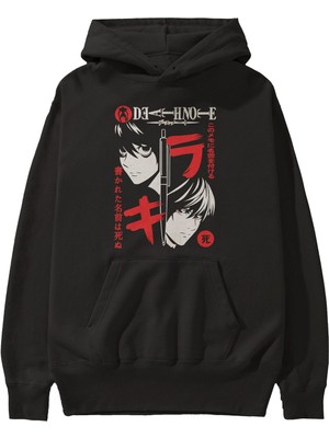 Ankhises Deathnote L Vs Kıra Anime Ön Baskılı Siyah Hoodie Oversize Kapüşonlu Sweatshirt Erkek Kadın