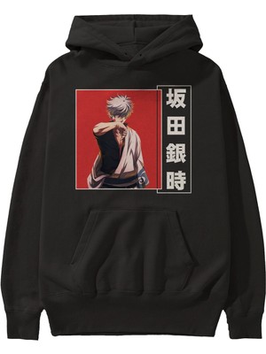 Ankhises Gintoki Sakata Gıntama 1 Anime Ön Baskılı Siyah Hoodie Oversize Kapüşonlu Sweatshirt Erkek Kadın