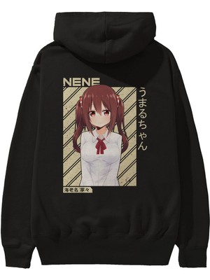 Ankhises Nene Ebina 1 Anime Arka Baskılı Siyah Oversize Kapüşonlu Sweatshirt Erkek Kadın