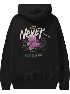Ankhises Teddy Bear Never Arka Baskılı Siyah Oversize Kapüşonlu Sweatshirt Erkek Kadın