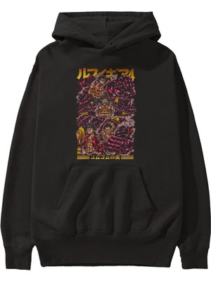 Ankhises Monkey D. Luffy (2) Anime Ön Baskılı Siyah Hoodie Oversize Kapüşonlu Sweatshirt Erkek Kadın