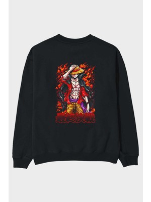Ankhises Monkey D. Luffy (3) Anime Arka Baskılı Siyah Oversize Sweatshirt Erkek Kadın Bisiklet Yaka
