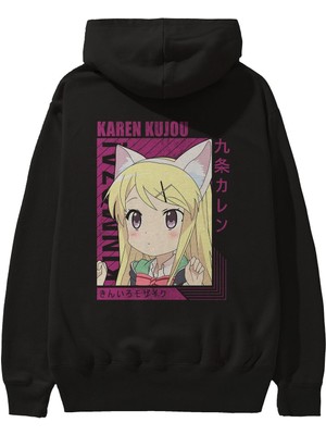 Ankhises Karen Kujou 4 Anime Arka Baskılı Siyah Oversize Kapüşonlu Sweatshirt Erkek Kadın