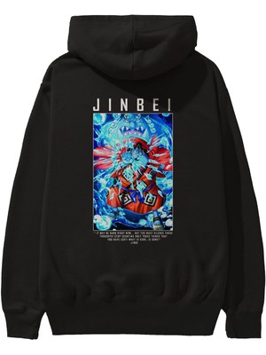 Ankhises Jinbei Anime Arka Baskılı Siyah Oversize Kapüşonlu Sweatshirt Erkek Kadın