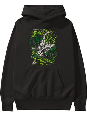 Ankhises Zoro-One Pıece (2) Anime Ön Baskılı Siyah Hoodie Oversize Kapüşonlu Sweatshirt Erkek Kadın