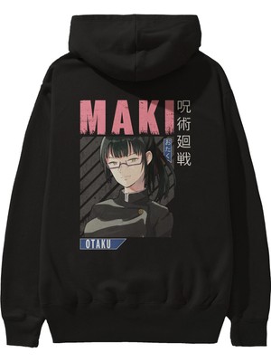Ankhises Maki Zenin Chaınsawman 1 Anime Arka Baskılı Siyah Oversize Kapüşonlu Sweatshirt Erkek Kadın