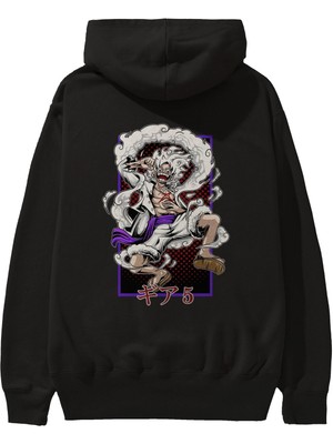 Ankhises Luffy Gear 5 Recuadro Anime Arka Baskılı Siyah Oversize Kapüşonlu Sweatshirt Erkek Kadın