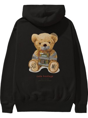 Ankhises Teddy Bear Help Me Arka Baskılı Siyah Oversize Kapüşonlu Sweatshirt Erkek Kadın