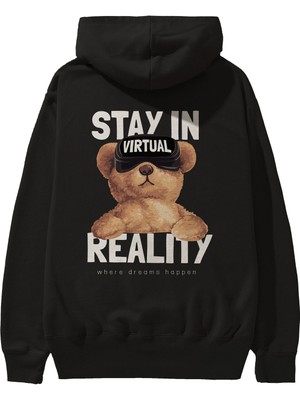 Ankhises Teddy Stay In Reality Arka Baskılı Siyah Oversize Kapüşonlu Sweatshirt Erkek Kadın