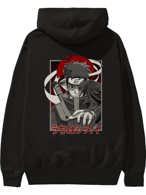 Ankhises Shısuı Uchıha Naruto Anime Arka Baskılı Siyah Oversize Kapüşonlu Sweatshirt Erkek Kadın