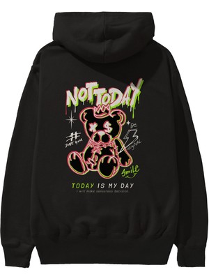 Ankhises Teddy Bear Not Today Arka Baskılı Siyah Oversize Kapüşonlu Sweatshirt Erkek Kadın