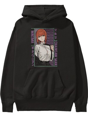 Ankhises Makima Chain Saw Man Anime Ön Baskılı Siyah Hoodie Oversize Kapüşonlu Sweatshirt Erkek Kadın